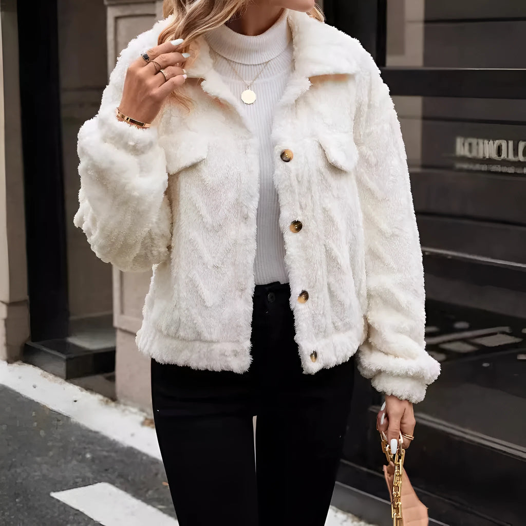 Women's ivory white double-sided plush button cardigan with long sleeves and medium thickness