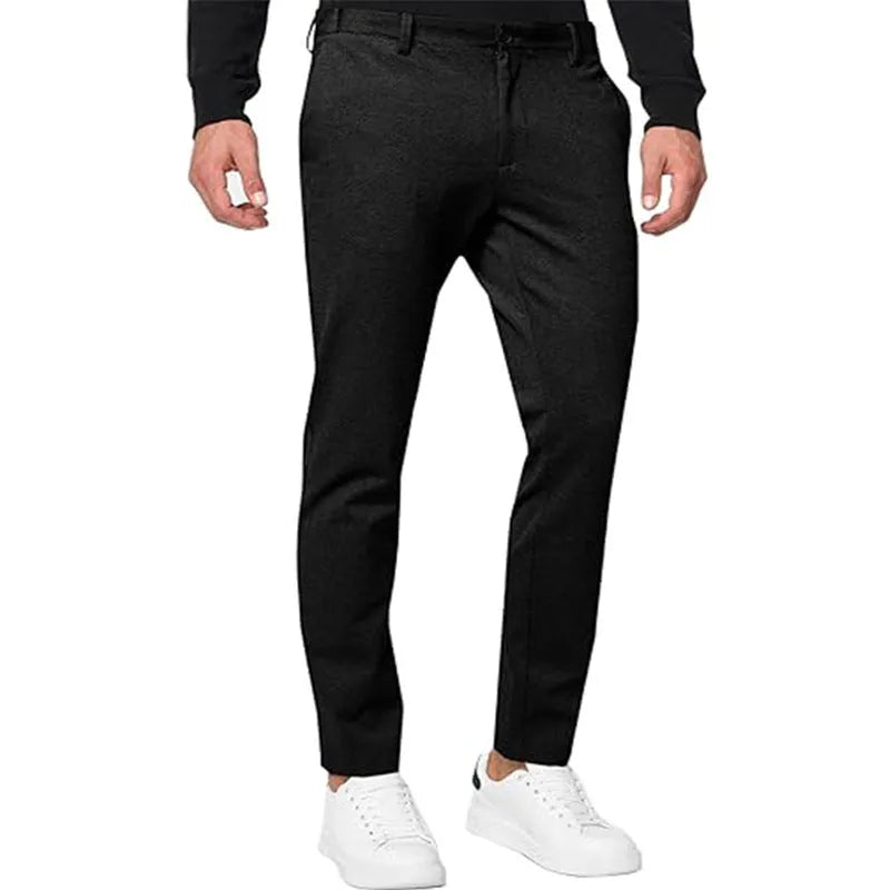 Men's slim-fit stretch chino trousers in khaki colour, showing tapered leg and zip fly detail.