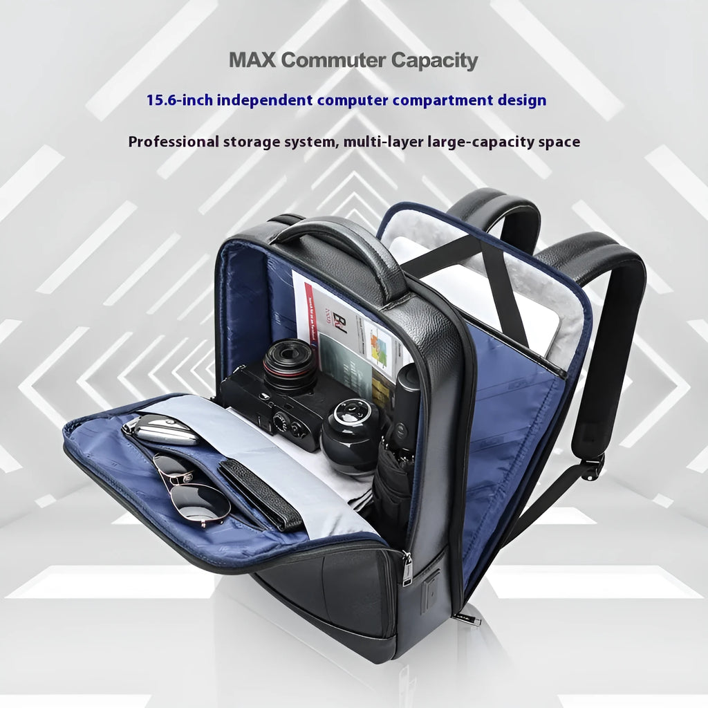 Black genuine leather business backpack with USB charging port and curved shoulder straps