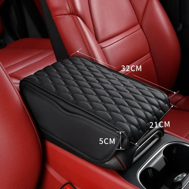 Leather car armrest box organiser in brown, measuring 32x22x5 cm for general vehicle models