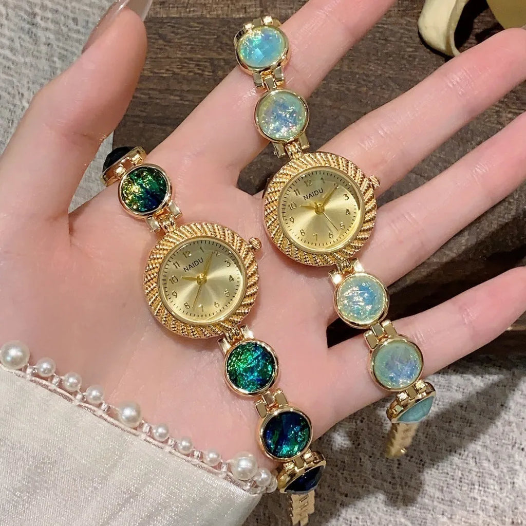 Women's quartz watch with 25mm round dial in six colour options including milky white and dark green