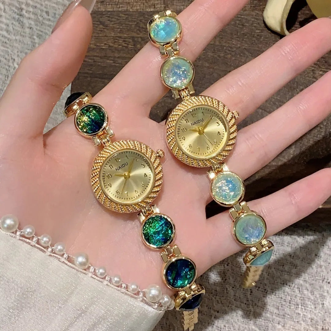 Women's quartz watch with 25mm round dial in six colour options including milky white and dark green
