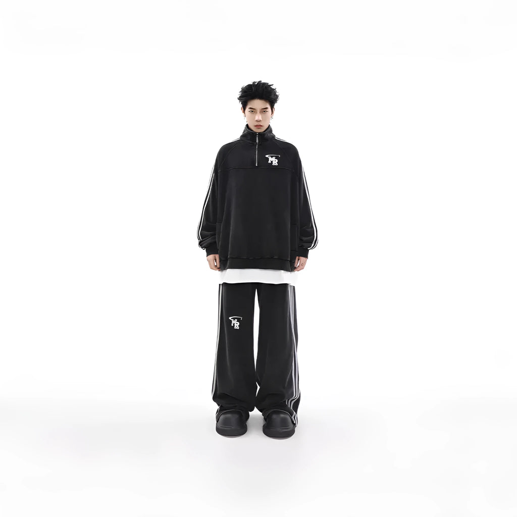 Black retro Hong Kong style hoodie with stand collar and long sleeves for casual sports wear