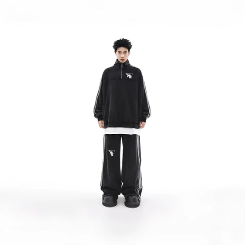 Black retro Hong Kong style hoodie with stand collar and long sleeves for casual sports wear