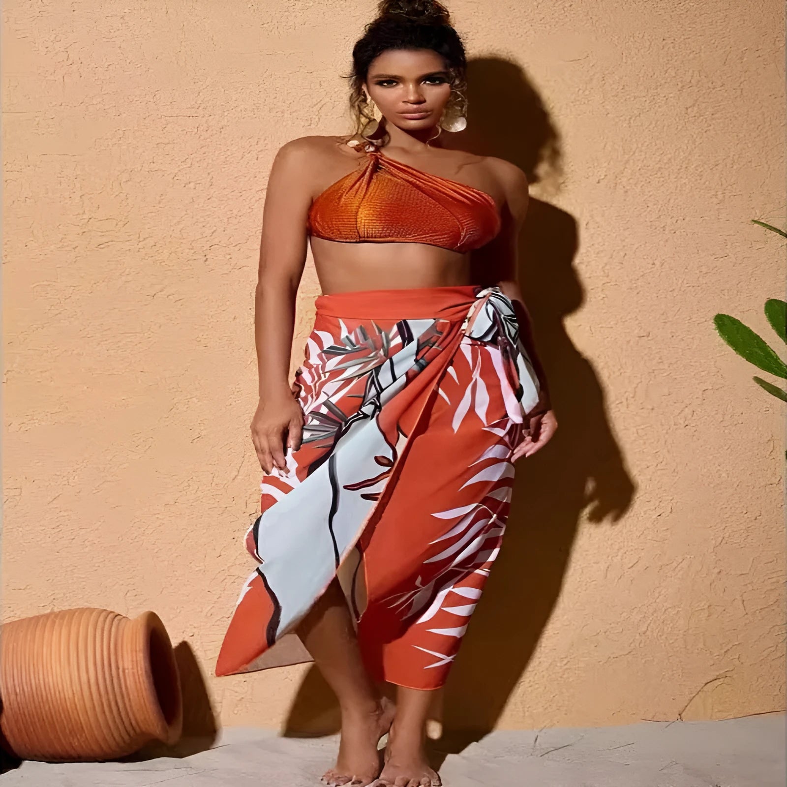 Brown high waist push up bikini swimsuit with a split chiffon dress detail for women