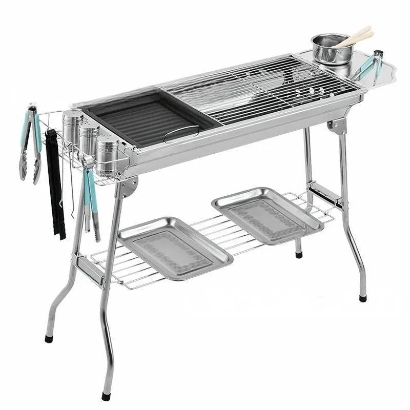Large stainless steel turnover barbecue oven with charcoal grill and mesh nets