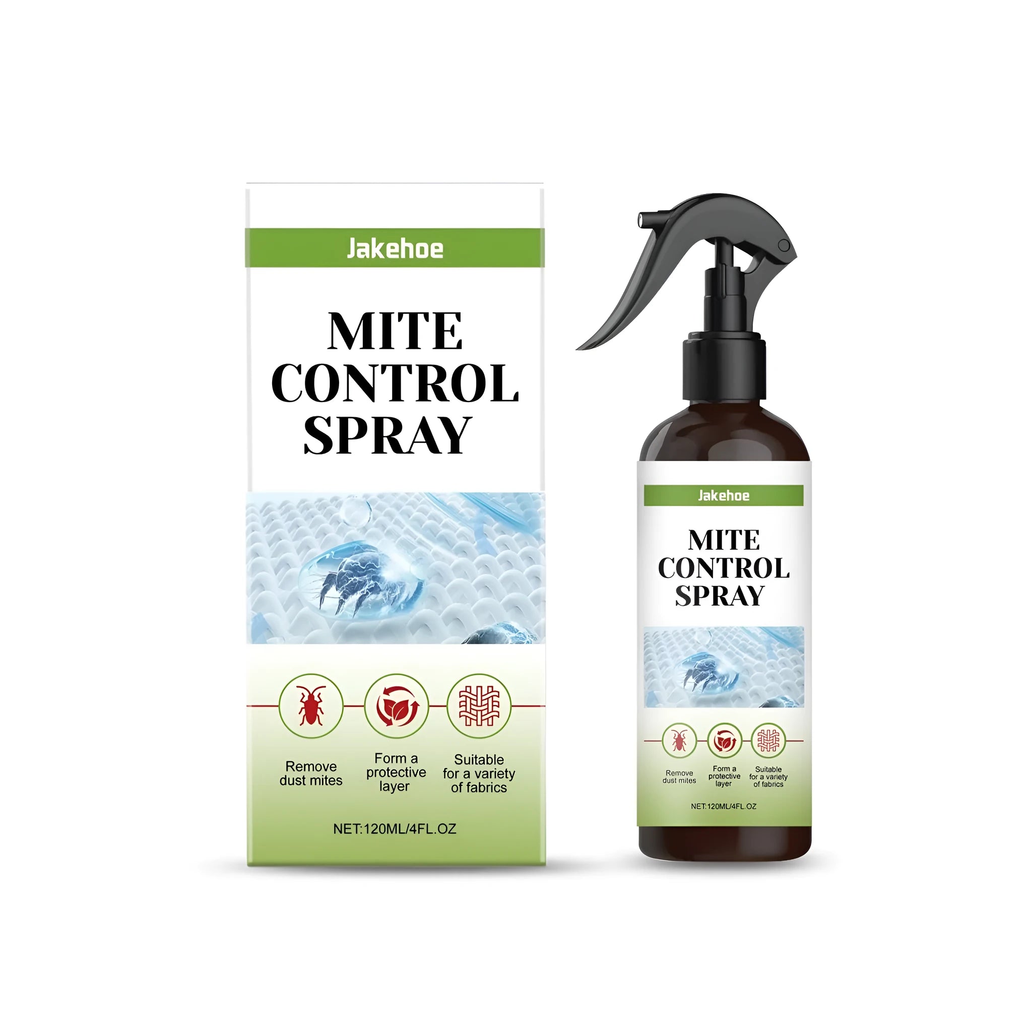 120ml bottle of mite control spray for mattresses and bedding.