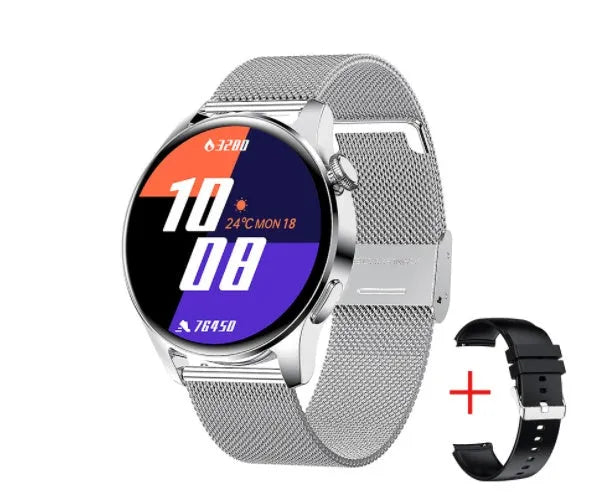 Smart watch with round colour display on a black silicone strap, showing heart rate data on screen.