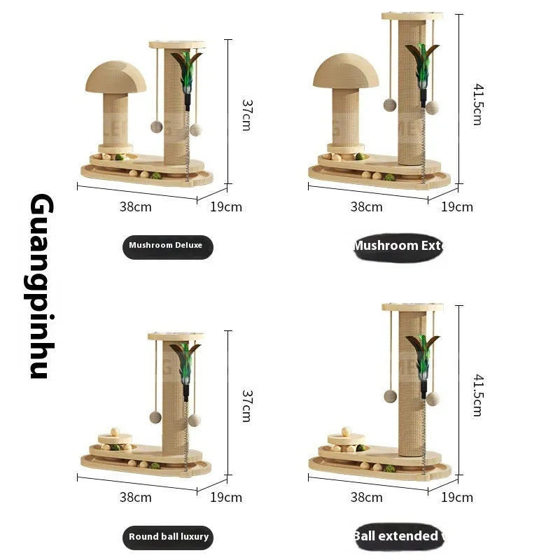 Solid wood cat scratching post with a central rotating turntable, shown in a natural wood finish.