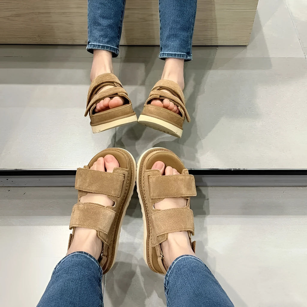 Maroon plus size women's suede platform sandals with Velcro strap and peep toe