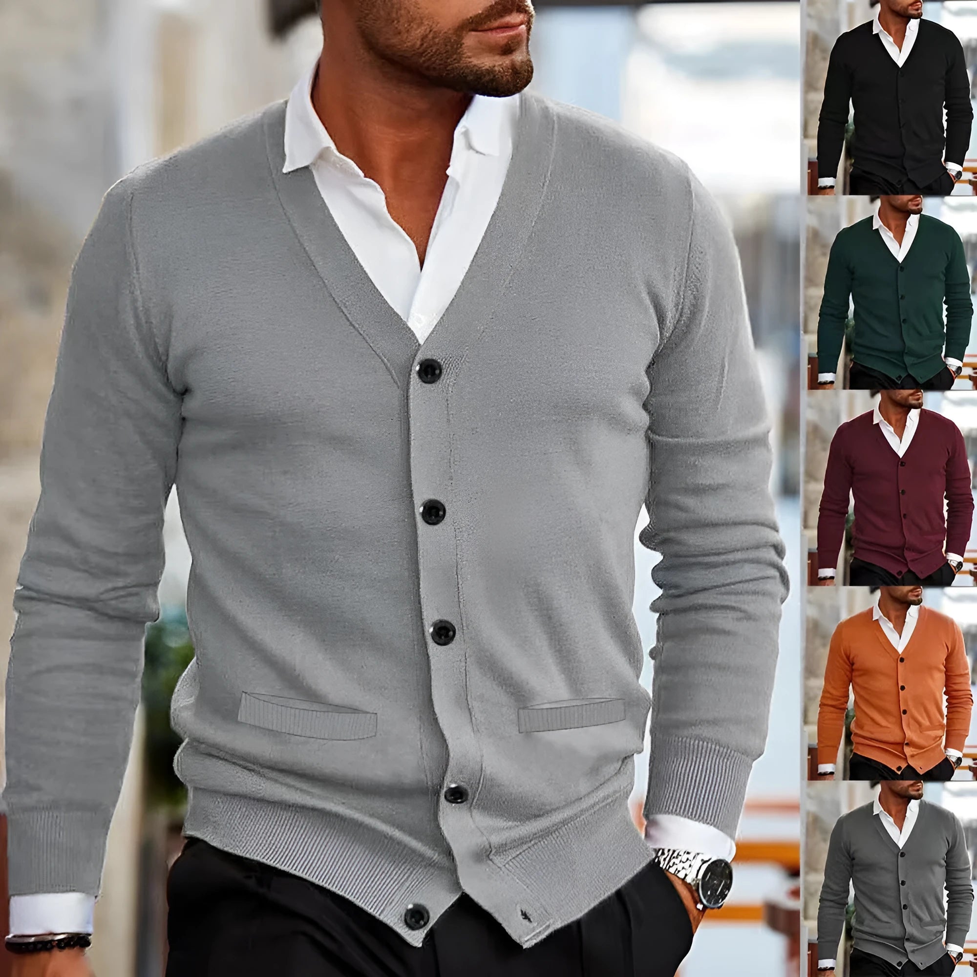 Men's slim fit acrylic cardigan sweater coat in dark grey, shown open over a t-shirt.