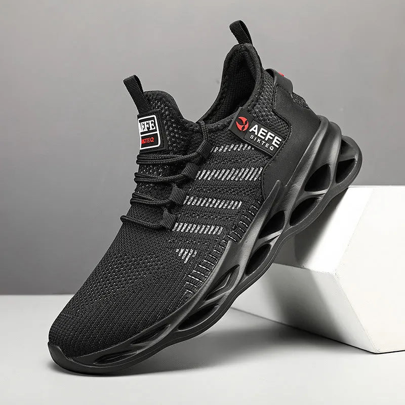Mesh breathable casual running shoes for men Korean style plus size with cross straps in black
