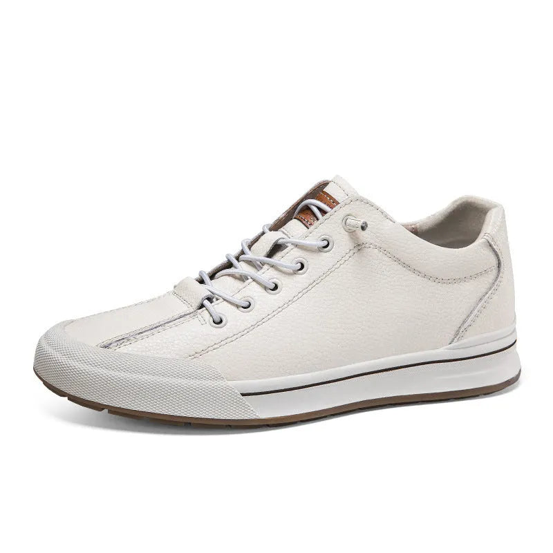 Men's white matte leather casual shoes with round toe and flat sole.