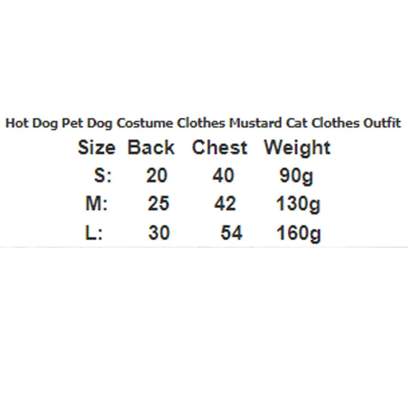 Brown and beige stuffed hot dog costume on a small dog, showing S M L sizes for pet parties.