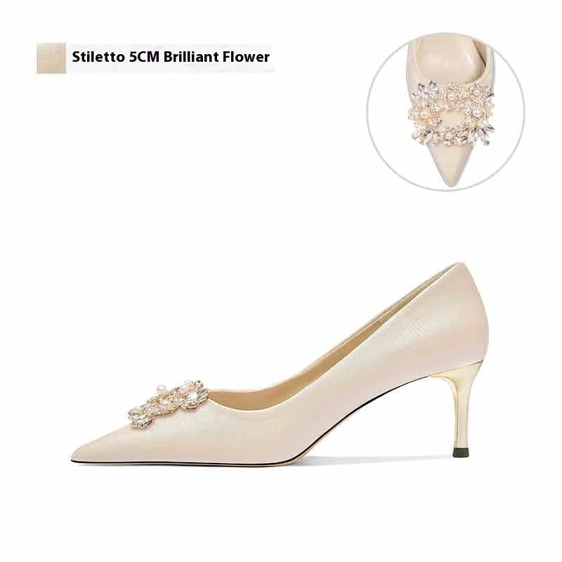 French wedding crystal bridal high heels with rhinestone details and pointed toe