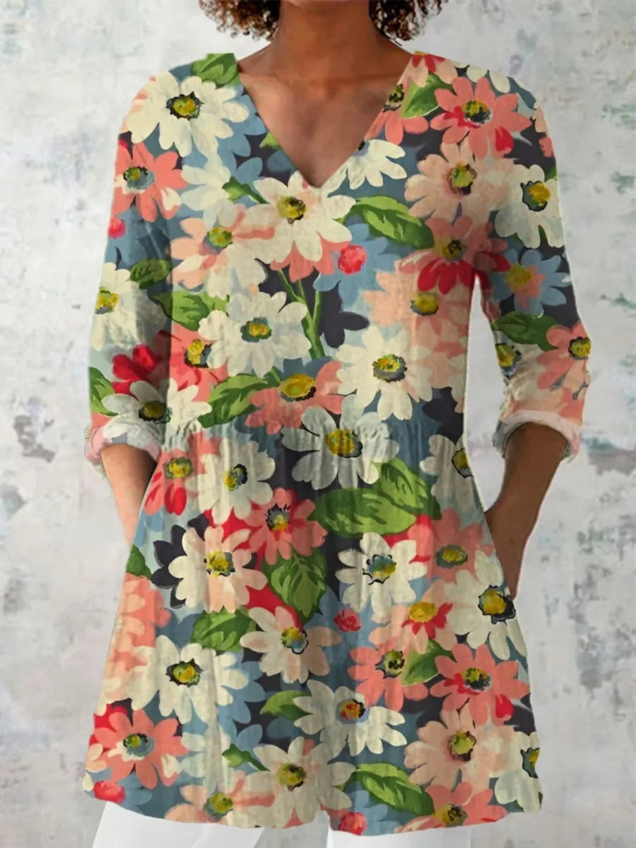 Women's retro slim fit long-sleeved polyester top with digital printing in multiple colour designs