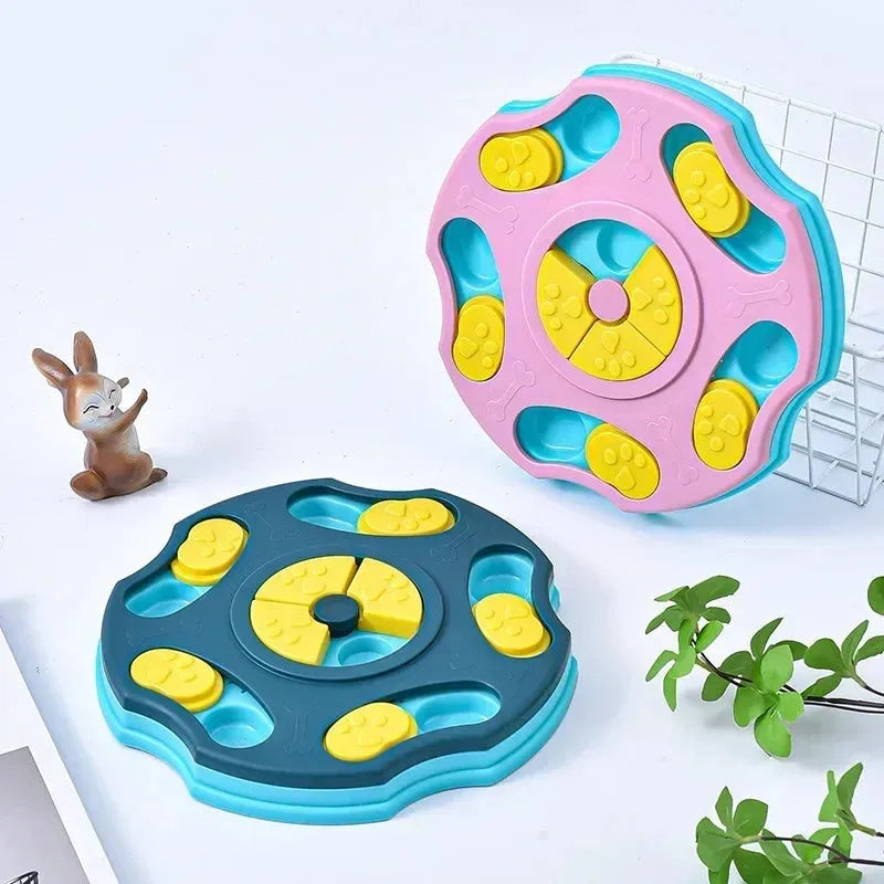 Blue dog puzzle feeder toy with interactive search-and-reward design for mental stimulation and slower eating.