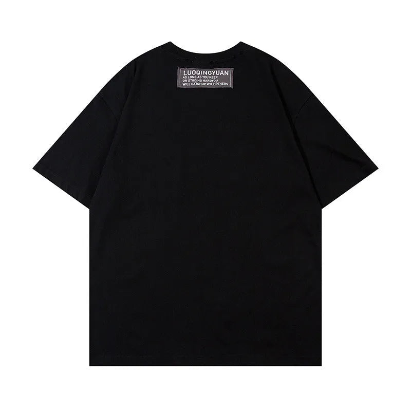 Men's letter affixed cloth embroidered printed short sleeve pure cotton t-shirt in white and black