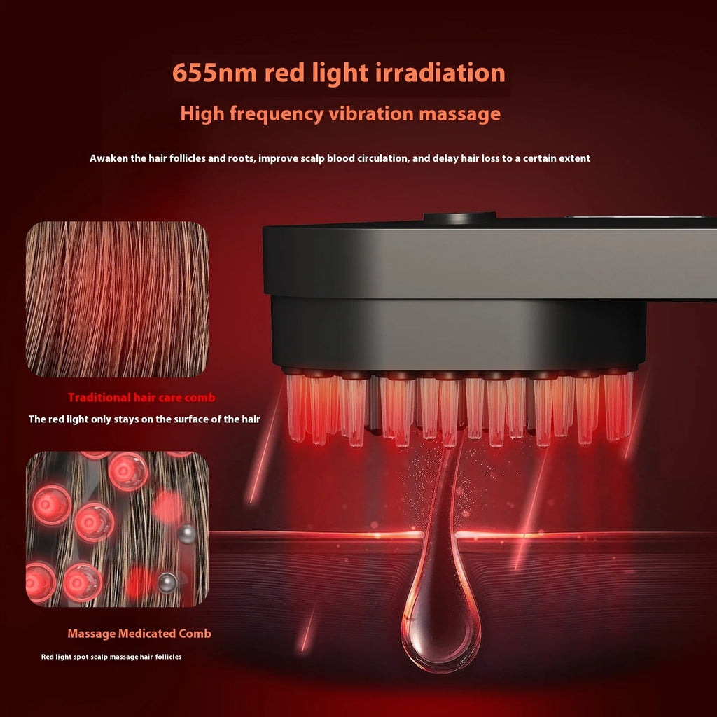 Pink and black smart massage comb for scalp care with red light therapy, shown next to its box.