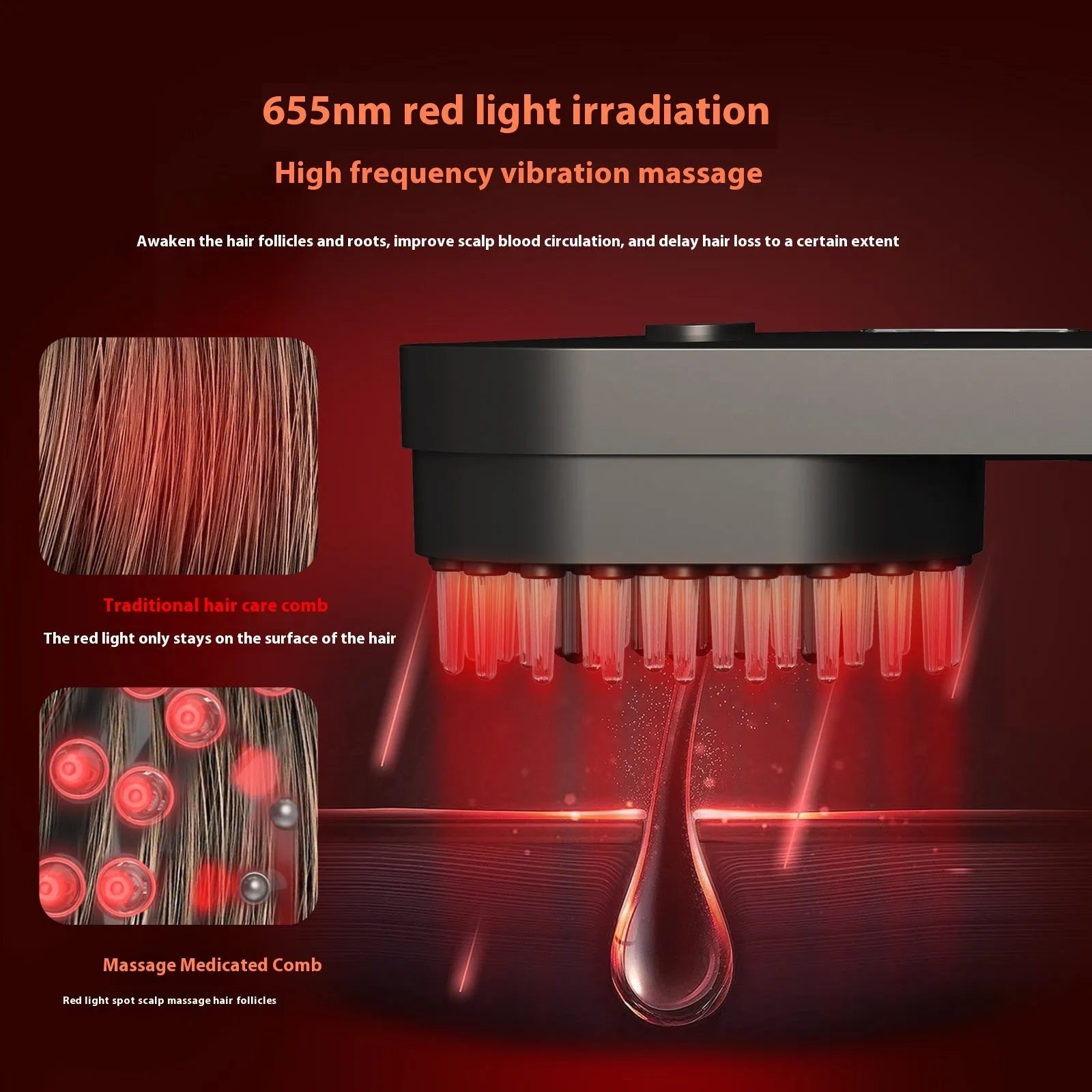 Pink and black smart massage comb for scalp care with red light therapy, shown next to its box.
