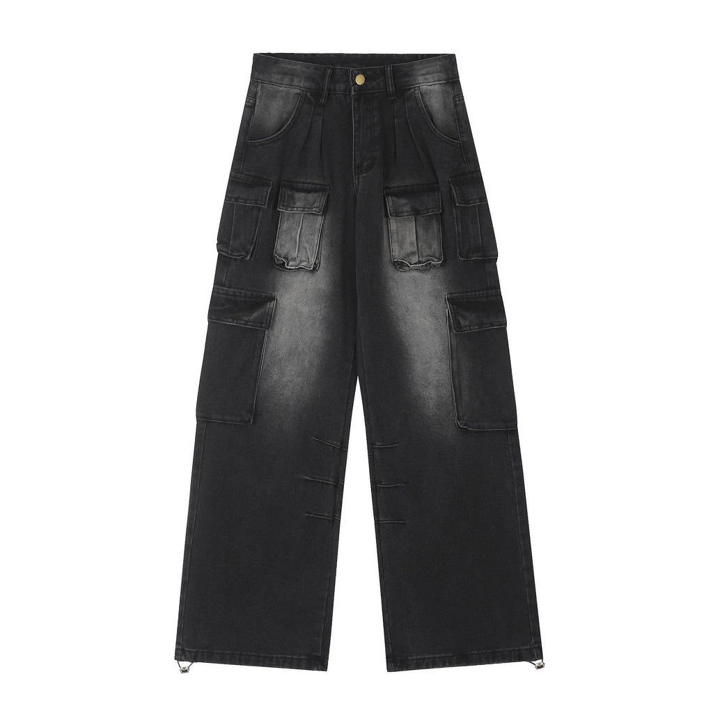 Loose-fit distressed denim jeans with multiple pockets in light blue wash, straight-leg street hipster style