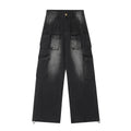 Loose-fit distressed denim jeans with multiple pockets in light blue wash, straight-leg street hipster style