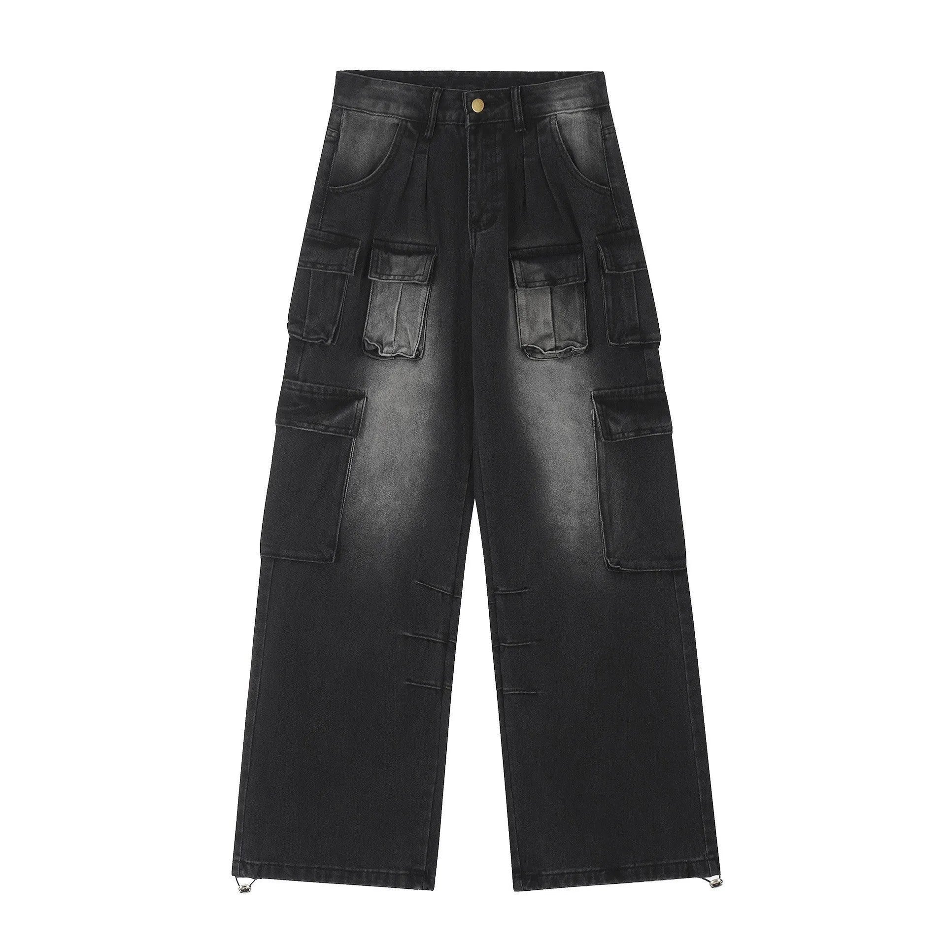 Loose-fit distressed denim jeans with multiple pockets in light blue wash, straight-leg street hipster style