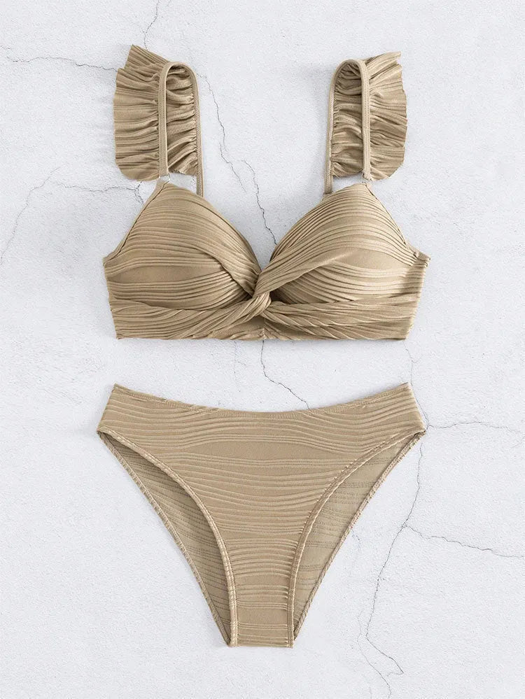 Women's solid colour bikini swimsuit set in black or khaki polyester fabric