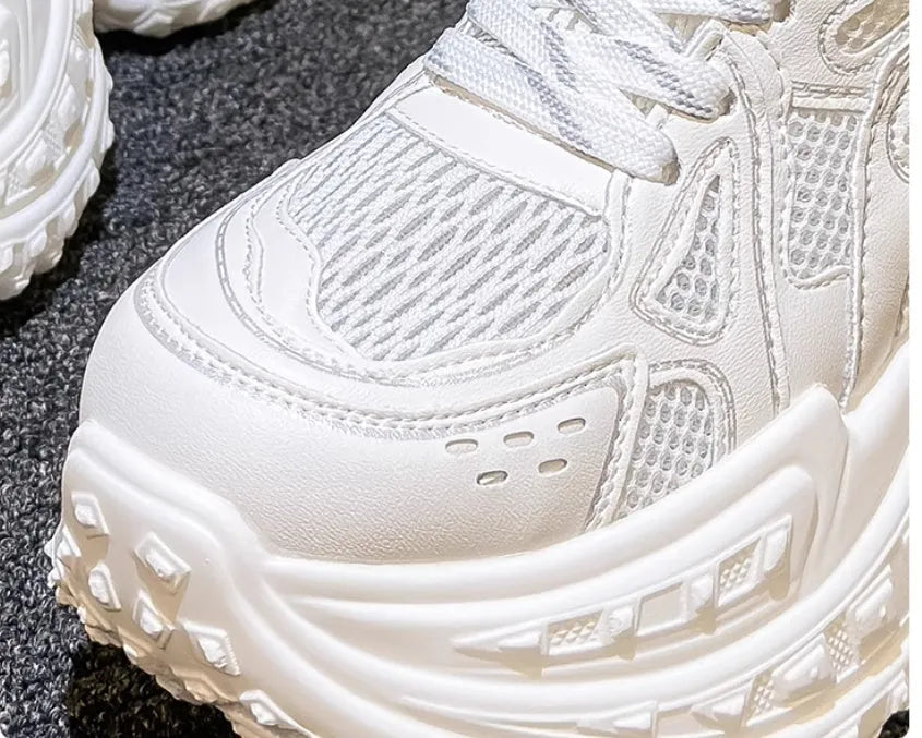 White women's lace-up dad shoes with height increasing insole system and round toe