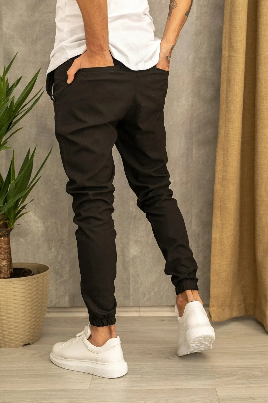 Men's casual plain cotton trousers with belt, tight-fitting pencil pants style, available in black grey khaki