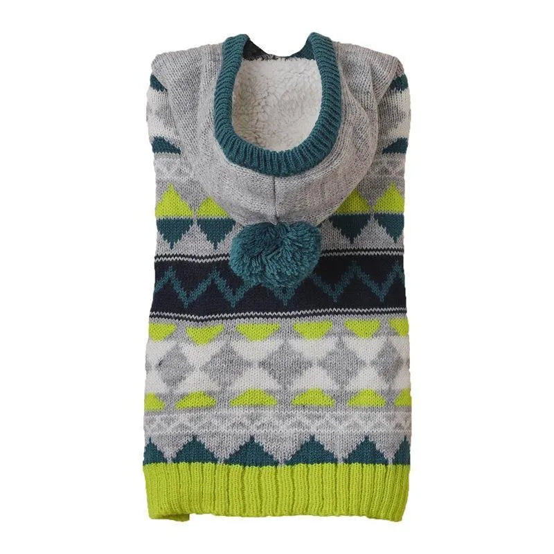 Green acrylic knit dog sweater with a diamond pattern, sized for a small dog.