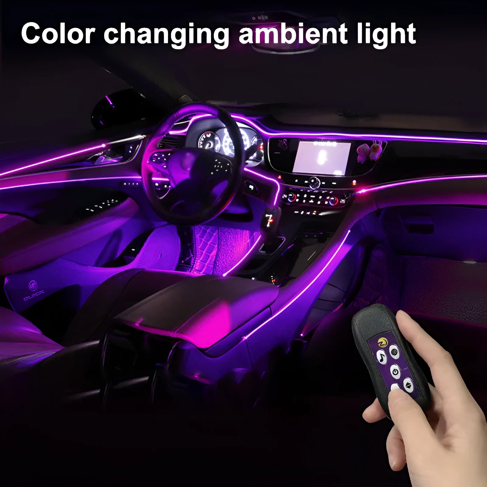 USB-powered colour changing LED ambient light strip for car dashboard and centre console illumination.
