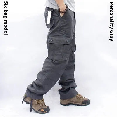 Men's multi-pocket cotton work trousers in solid colour, straight leg, mid waist, zip fly, size L to 5XL