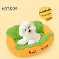 Grey hot dog style pet bed with high sides, a removable centre mat, and an anti-slip fabric base.
