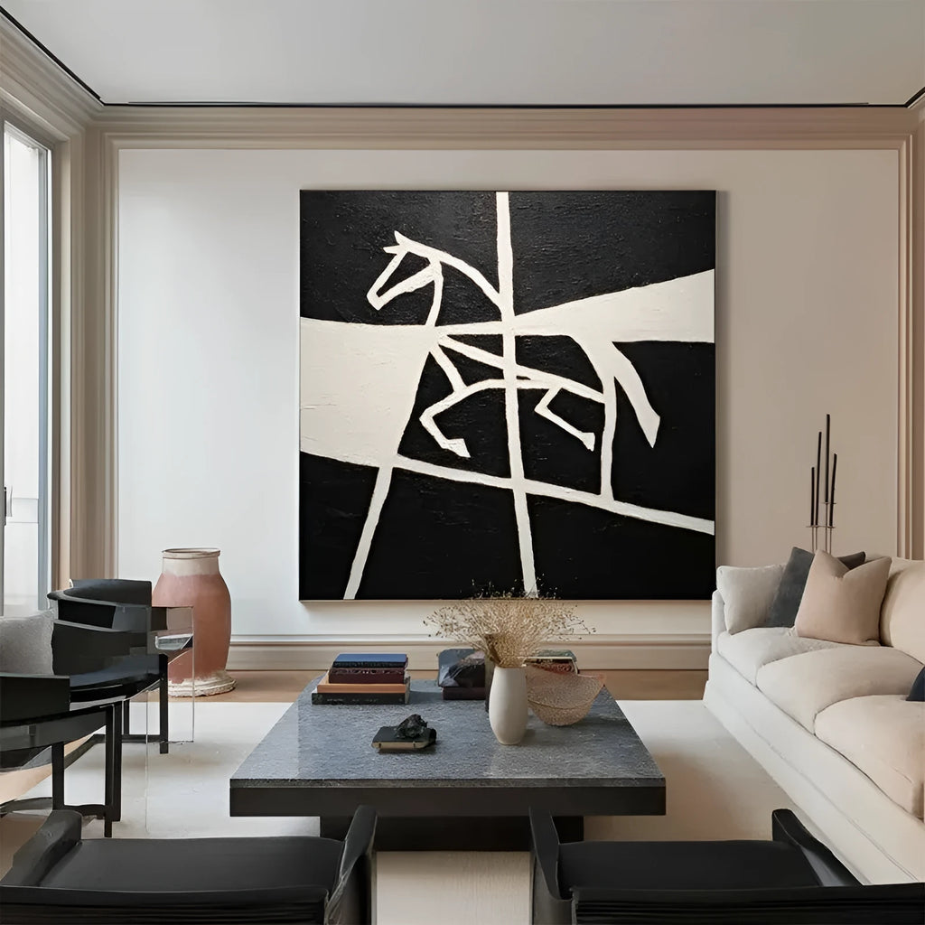 Handmade black and white horse oil painting on square canvas, unframed, for living room wall decor