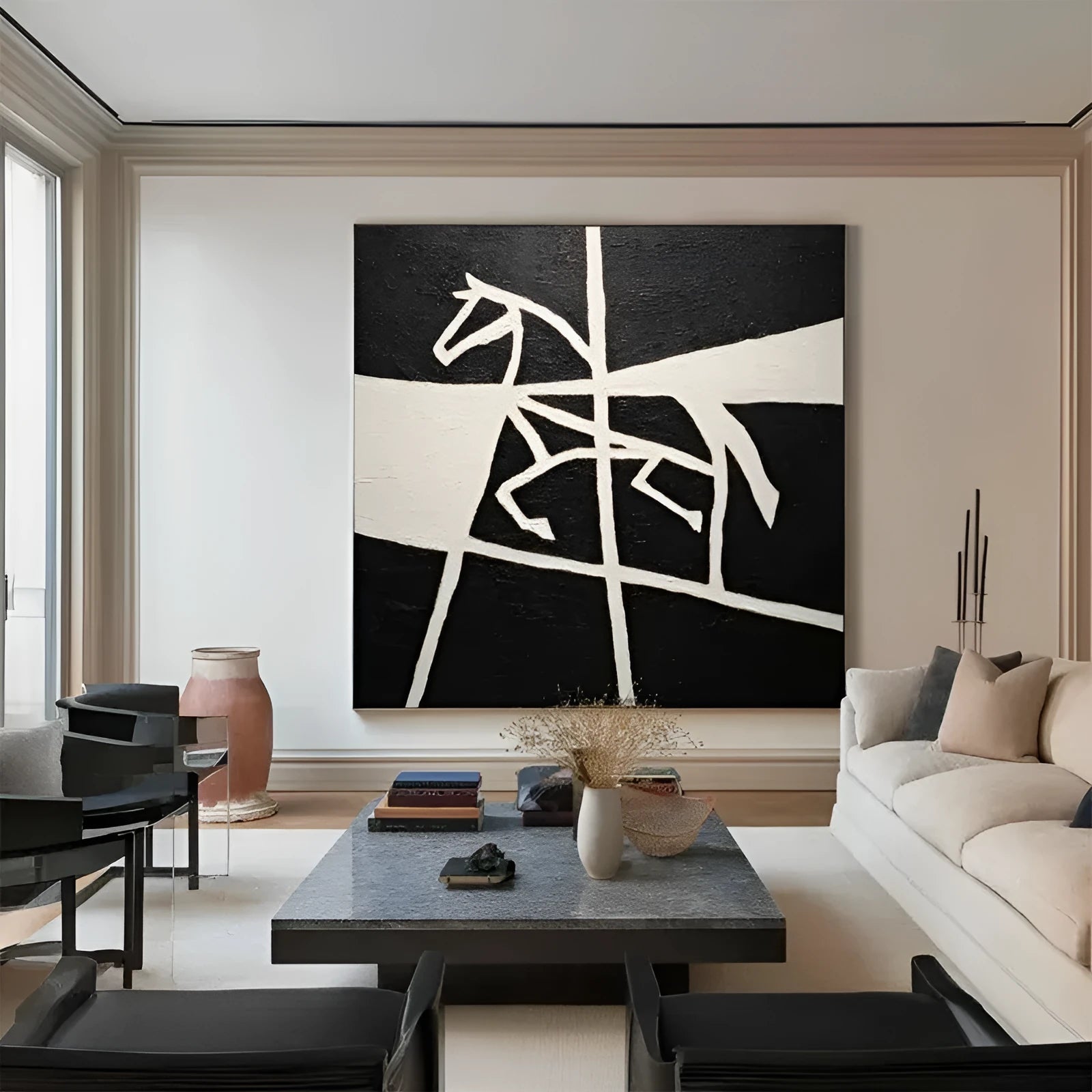 Handmade black and white horse oil painting on square canvas, unframed, for living room wall decor