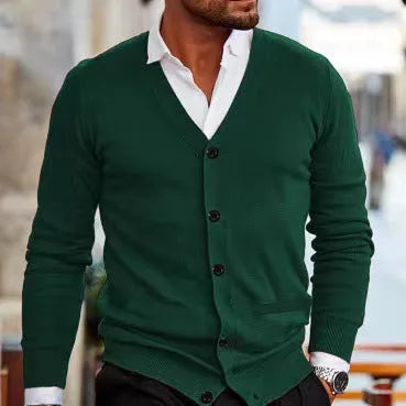 Men's slim fit acrylic cardigan sweater coat in dark grey, shown open over a t-shirt.