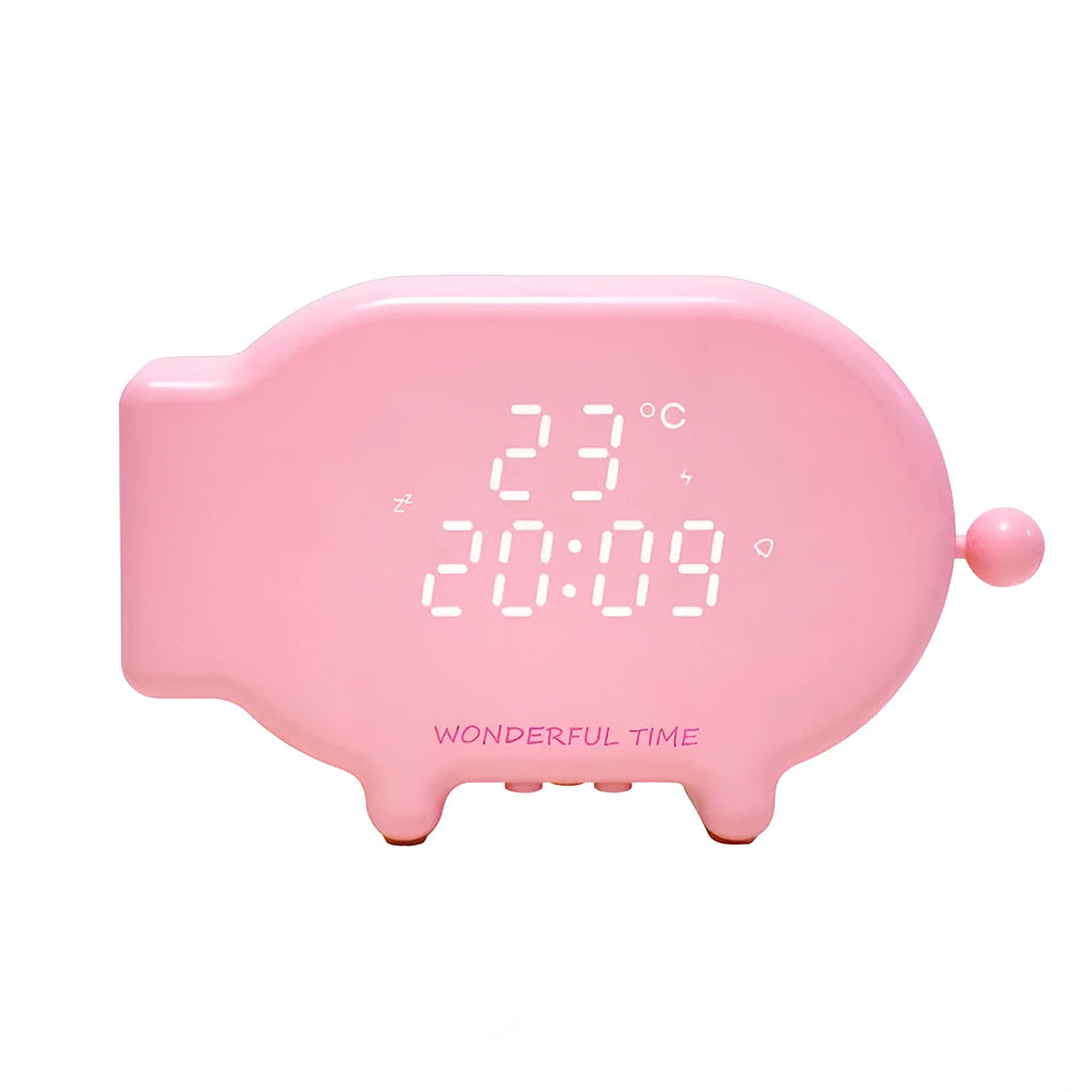 Blue LED alarm clock with digital time and temperature display featuring USB charging port