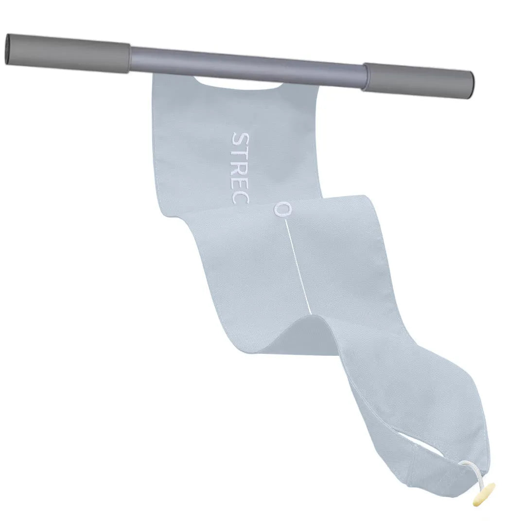 Grey and pink yoga stretching tool for shoulder and hip flexibility.