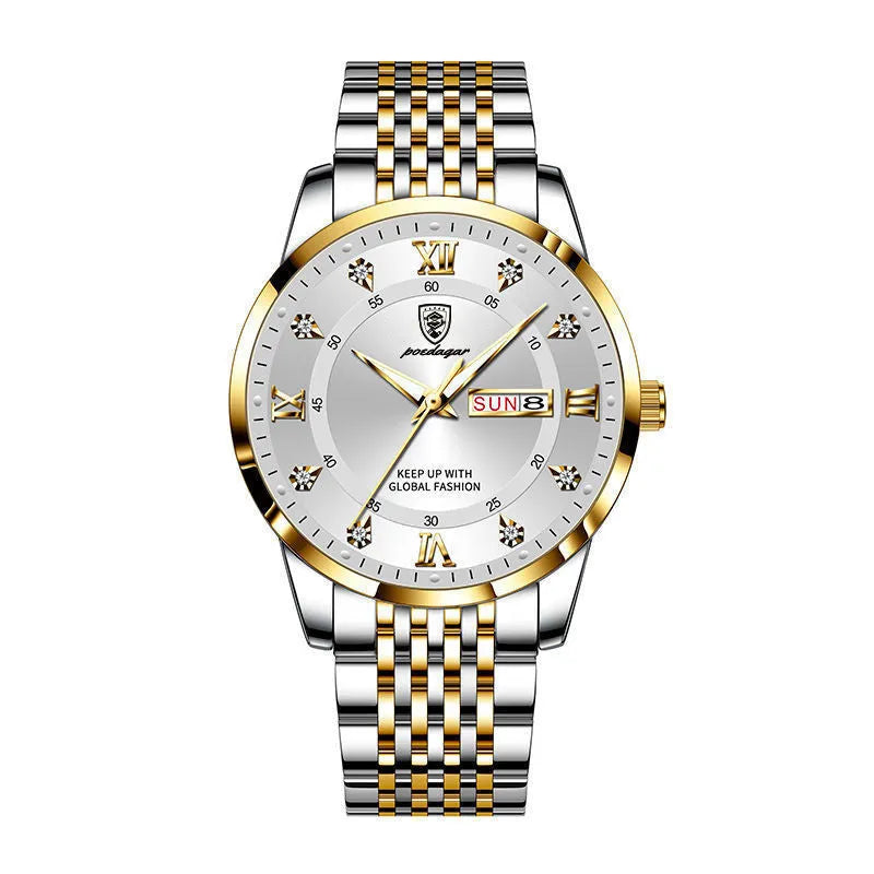 Men's quartz watch with 43mm round dial, sapphire crystal, stainless steel strap, blue face, luminous hands and calendar display