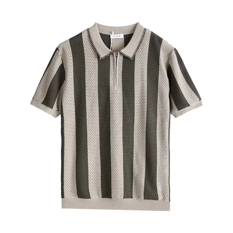 Men's striped ice silk short sleeve summer sweater with zip detail in multiple colour options