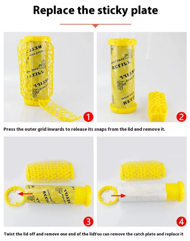 Hanging hornet catcher with sticky catcher and outer mesh for wasps and small flying insects in outdoor settings