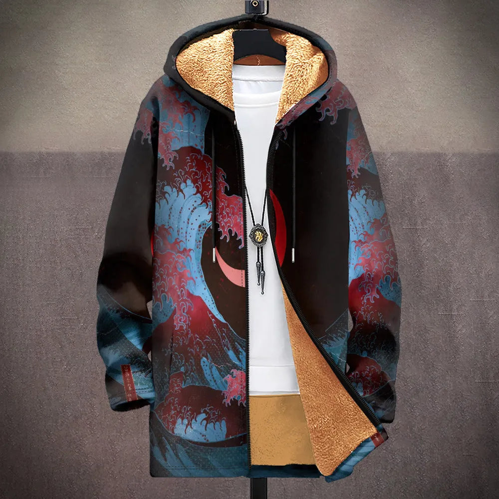 Men's hooded zip-front cardigan with multicolour digital print pattern in loose fit