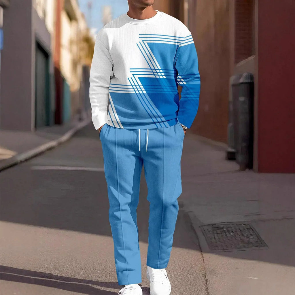 Men's autumn casual 3D digital print round neck polyester sweatshirt and sweatpants set, long sleeves, multiple colour options