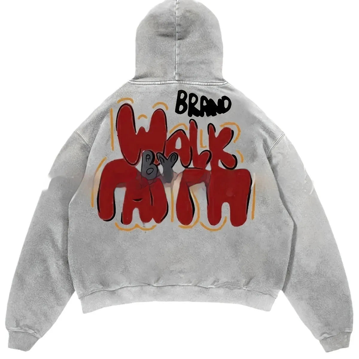 Granny grey hoodie with vintage letter print, long sleeves and pockets, street hipster style