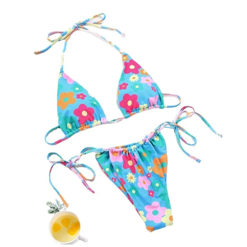 Women's polka dot print halter neck split swimsuit bikini in watermelon gradient colour