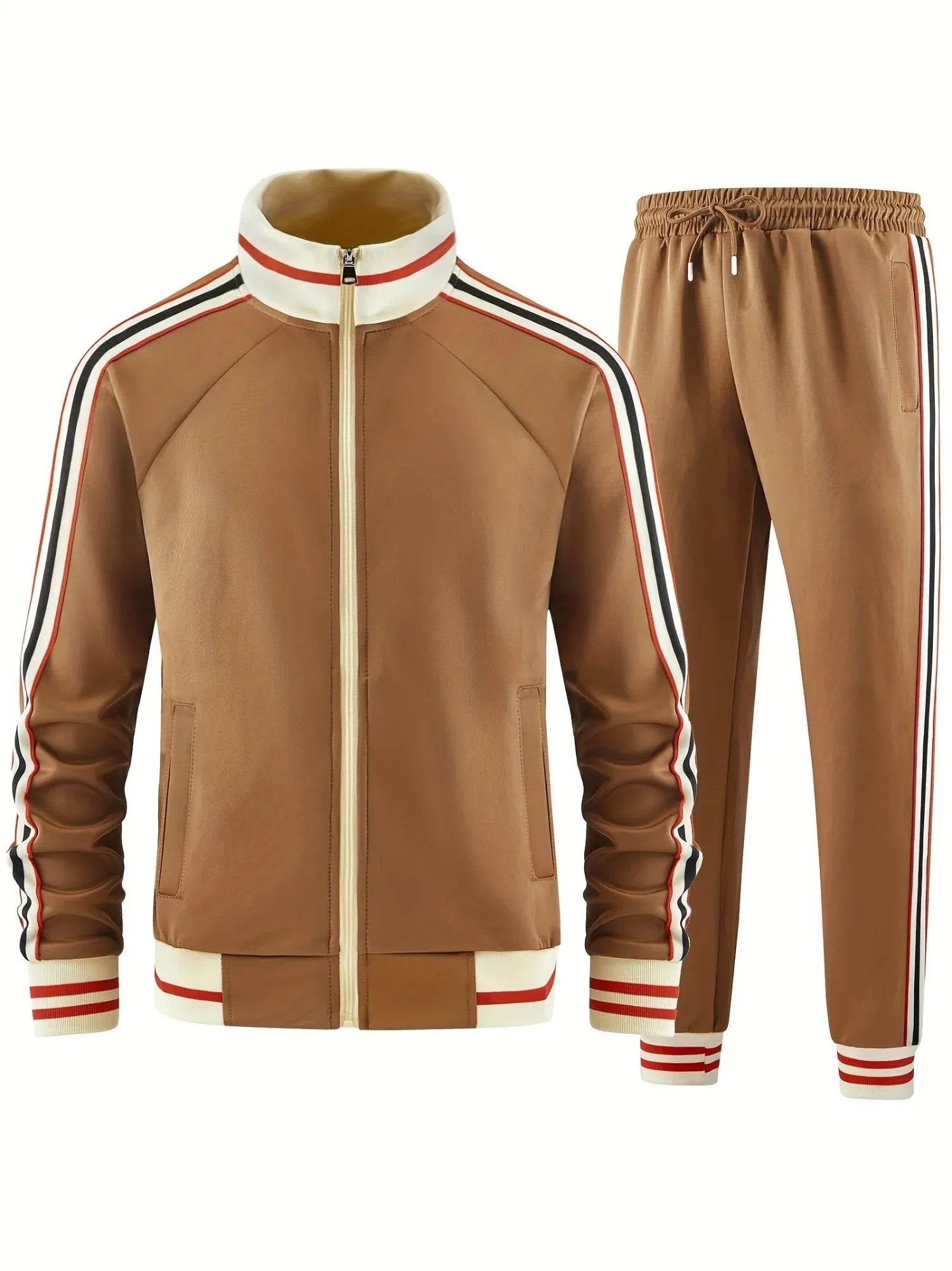 Khaki turtleneck zipper cardigan with matching trousers street style leisure suit