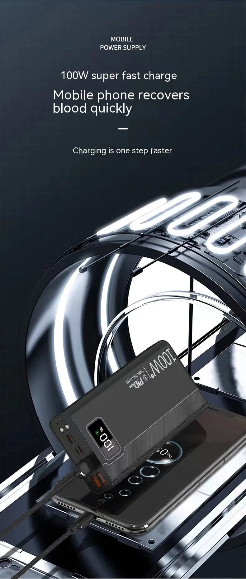Large capacity power bank in black or white with plastic shell, showing fast charging capability and multiple capacity options