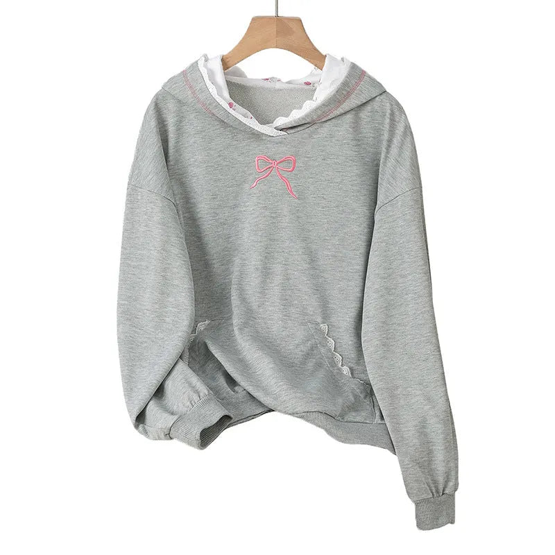 Gray color-block lace mid-length sweatshirt with long sleeves and casual patchwork design