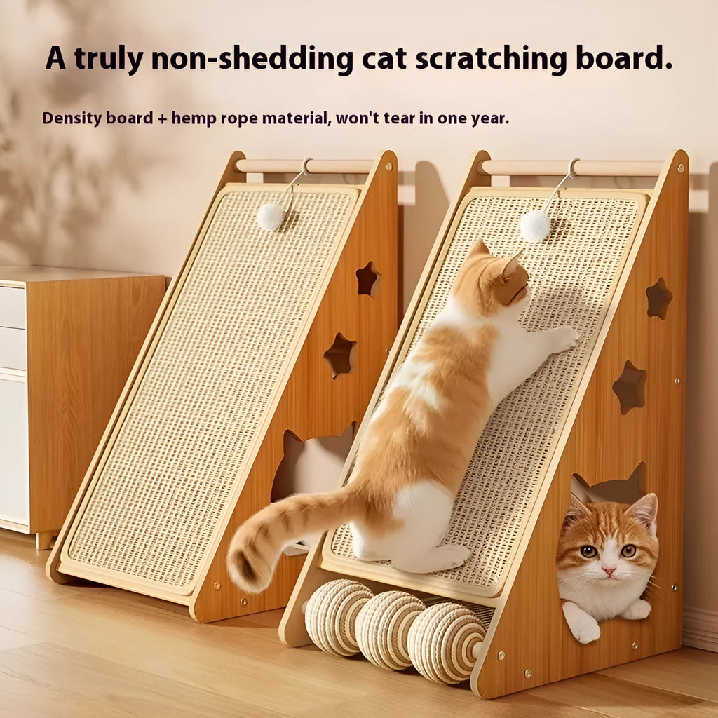 Vertical cat scratch board with hemp rope surface and cat teasing ball design